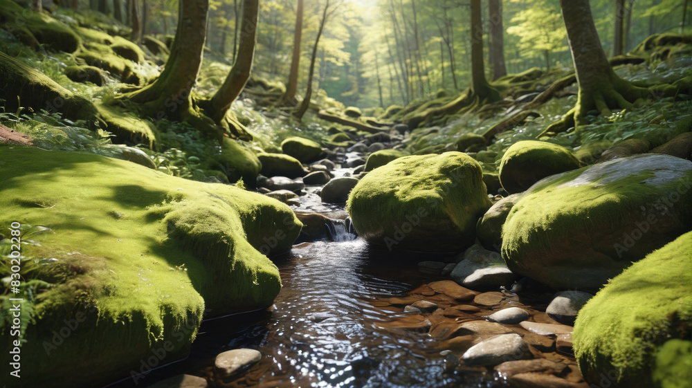 A serene forest glen with a babbling brook, sunlight streaming through the trees, and moss-covered rocks. Generative AI. A serene forest glen with a babbling brook, sunlight streaming through the trees, and moss-covered rocks. Generative AI.