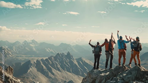 A group of people celebrating and standing on top of a mountain summit after a successful hike, A group of hikers celebrating reaching the summit of a mountain