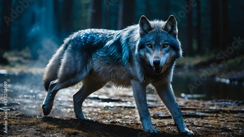 AI generated illustration of a wolf strolling along a sunny riverbank