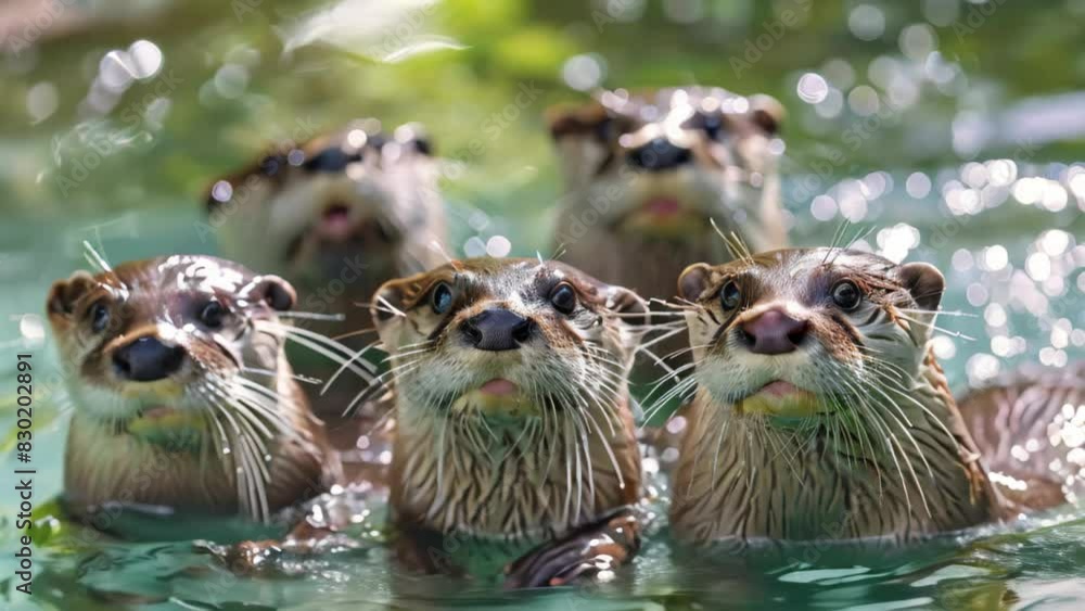 A group of playful otters swim in the crystal-clear water, A group of playful otters swimming in a crystal clear river A group of playful otters swim in the crystal-clear water, A group of playful otters swimming in a crystal clear river