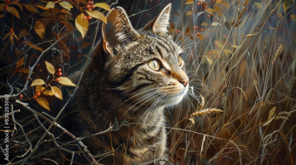 Tabby cat gazing ahead and standing adjacent to Tabby cat gazing ahead and standing adjacent to