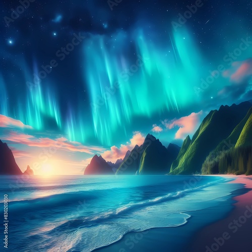 beautiful ocean and aurora views,Generative AI photo