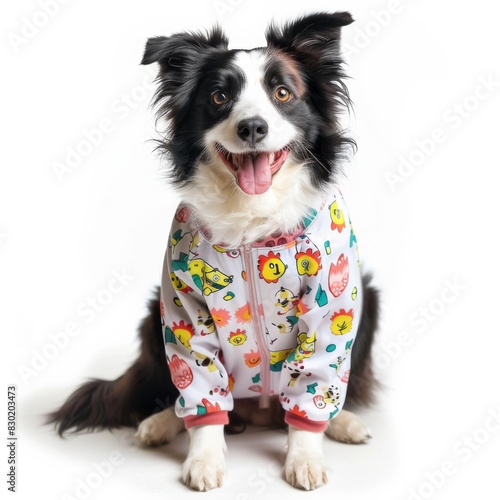 A Border Collie dog in playful pajamas