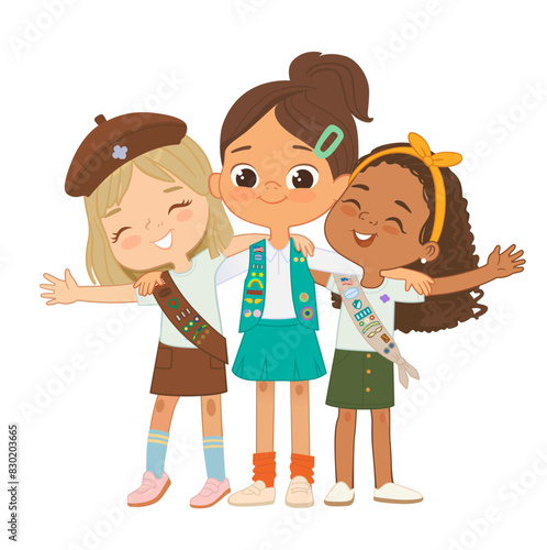 Happy Multicultural multi aged girls scout hug. Junior, Cadette, Brownie Girls Scout happily hug and smile. Girl together. Cadette Girls Scout