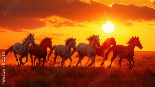 A herd of horses running across the dusty ground in front of the hills at sunset. Beautiful sunset orange light. © Cherkasova Alie