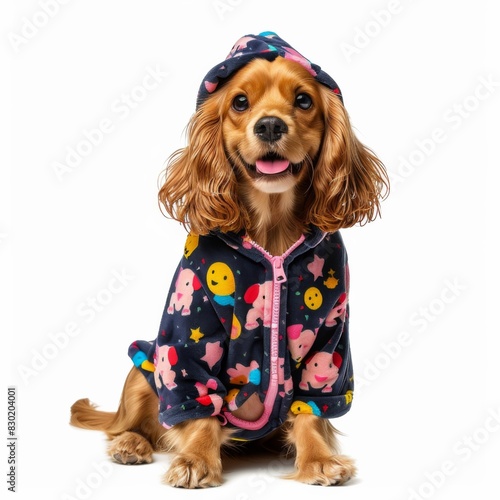 Pickles, a Cocker Spaniel, wearing pajamas and a hat, looking adorable and cozy