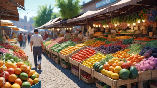 A bustling outdoor market with vendors selling fresh fruits, vegetables, flowers, and handmade crafts. Generative AI.