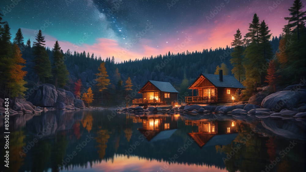 Fototapeta premium A tranquil lakeside retreat with cozy cabins, a campfire, and a star-filled sky overhead. Generative AI.