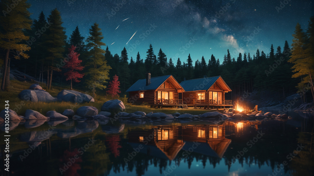 A tranquil lakeside retreat with cozy cabins, a campfire, and a star-filled sky overhead. Generative AI. A tranquil lakeside retreat with cozy cabins, a campfire, and a star-filled sky overhead. Generative AI.
