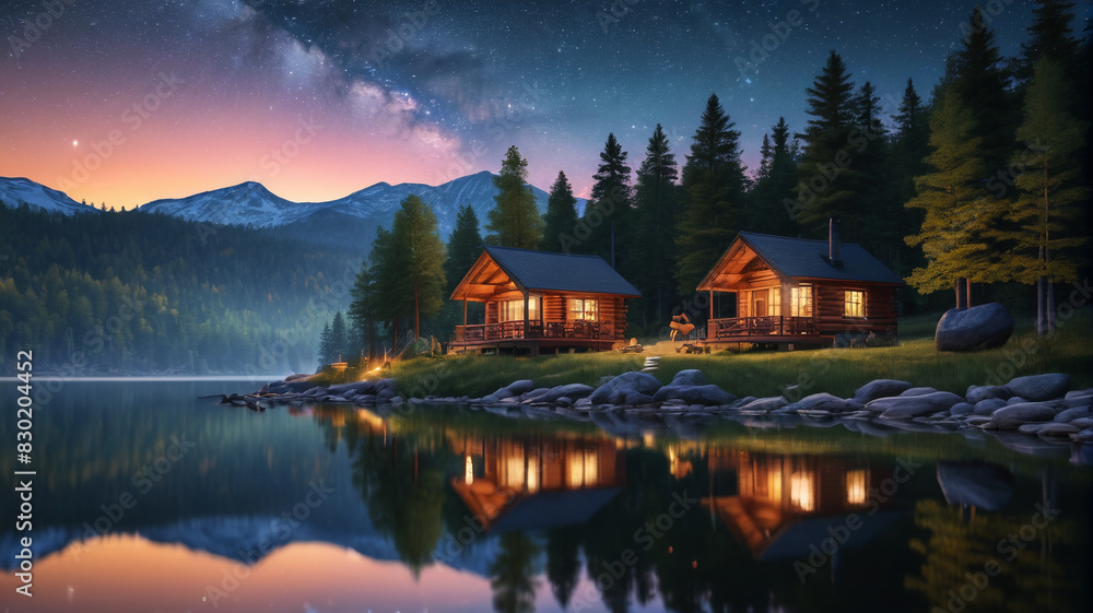 Fototapeta premium A tranquil lakeside retreat with cozy cabins, a campfire, and a star-filled sky overhead. Generative AI.