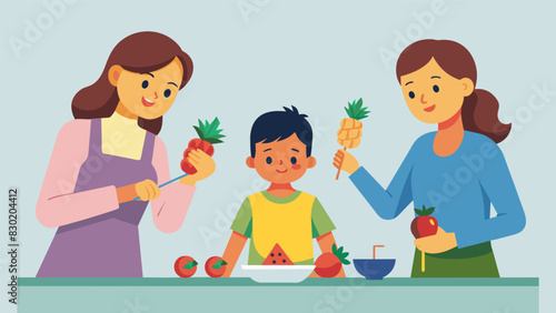 A parent makes mini fruit kebabs using strawberries pineapples and watermelon skewering them on toothpicks and packing them in a container for their childs school snack.. Vector illustration