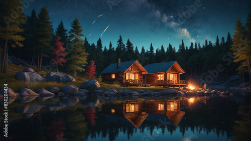 A tranquil lakeside retreat with cozy cabins, a campfire, and a star-filled sky overhead. Generative AI. © 4K_Heaven