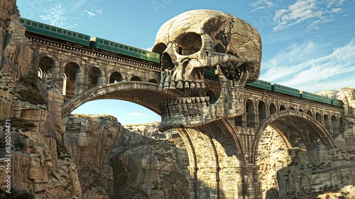 The train passes over a stone viaduct designed to mimic a human skull