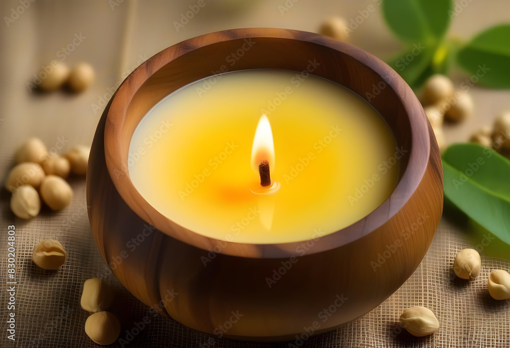 A wooden bowl with soy wax and a wick in the center, ready to be made into a candle A wooden bowl with soy wax and a wick in the center, ready to be made into a candle