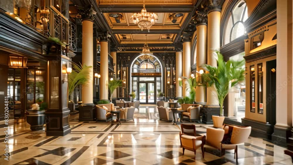 A large lobby in a high-end hotel featuring a stunning chandelier and two couches, A high-end hotel with ornate details and a grand entrance A large lobby in a high-end hotel featuring a stunning chandelier and two couches, A high-end hotel with ornate details and a grand entrance