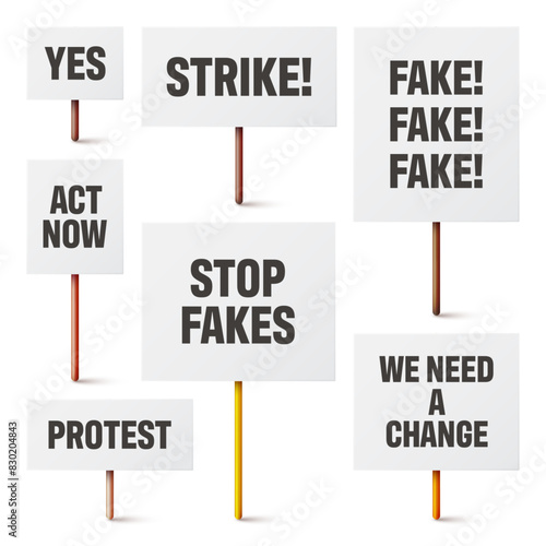 Blank white protest signs with text slogans on wooden holder. Various realistic vector demonstration banners. Strike action cardboard placard mockup. Social advertisement. Vector illustration