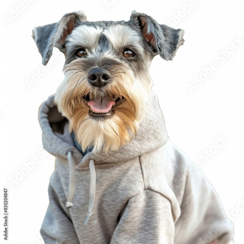 A Miniature Schnauzer dog looking stylish in a gray hoodie