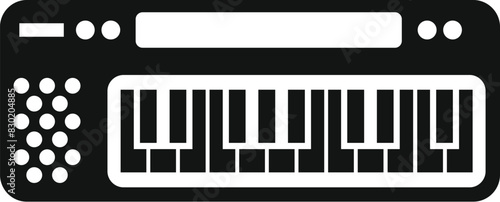 Minimalist flat vector illustration of a synthesizer keyboard silhouette icon with editable waveform and contemporary design for music production interface