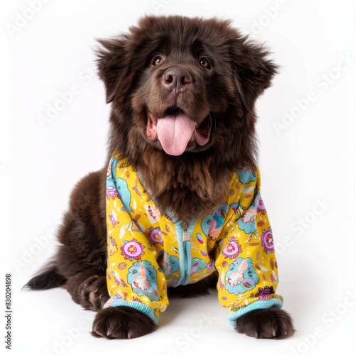 A brown Newfoundland dog dressed in yellow and blue pajamas