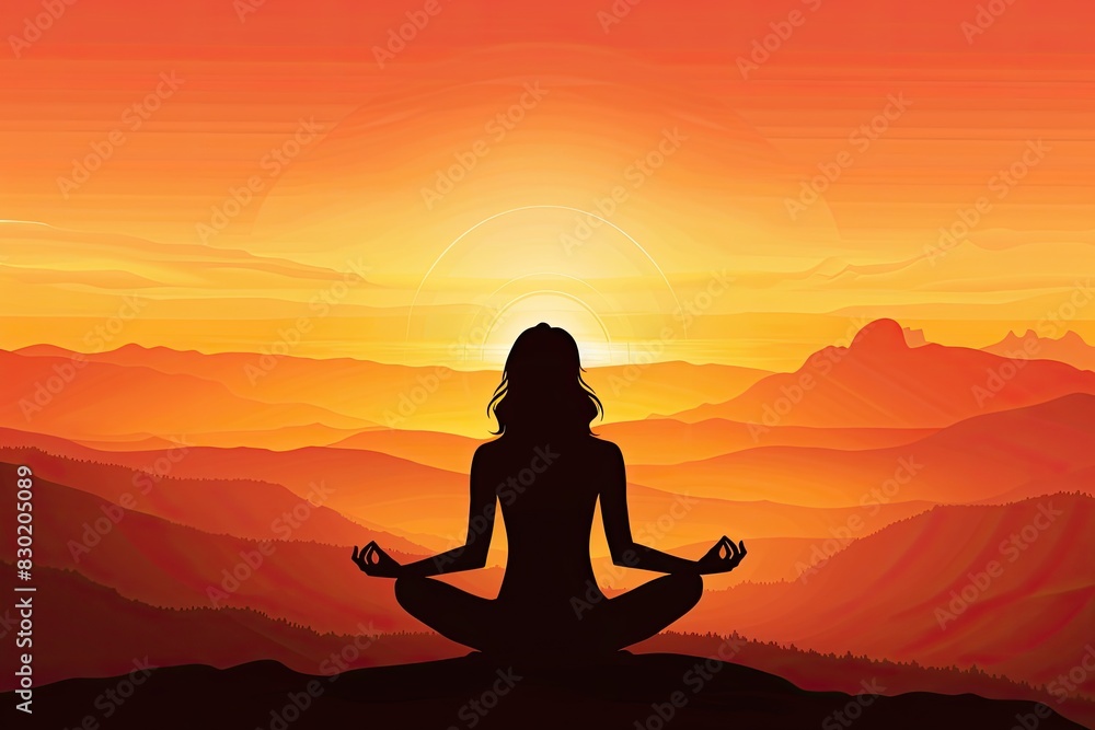Woman Meditating at Sunset in Mountains