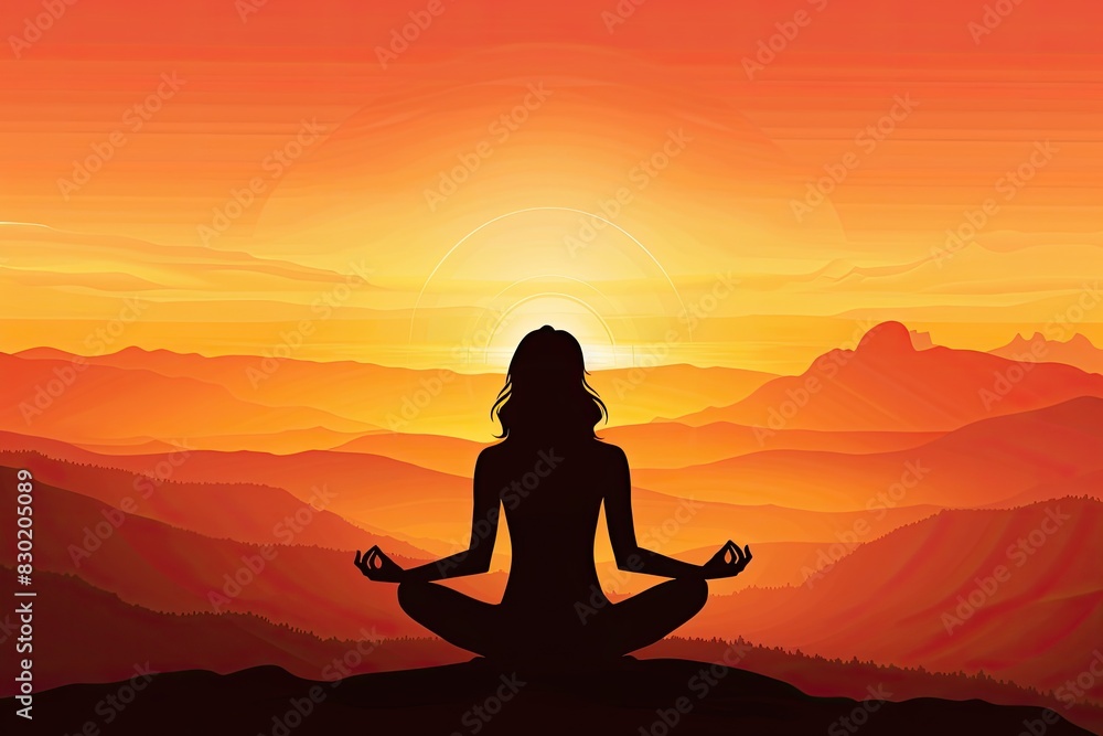 Woman Meditating at Sunset in Mountains Woman Meditating at Sunset in Mountains