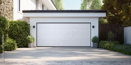 A typical garage door background.  American white garage door with a driveway in front