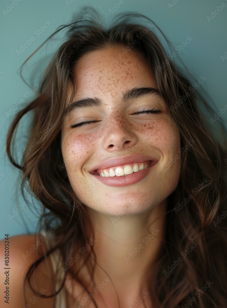 Smiling young woman with freckles, eyes closed Smiling young woman with freckles, eyes closed