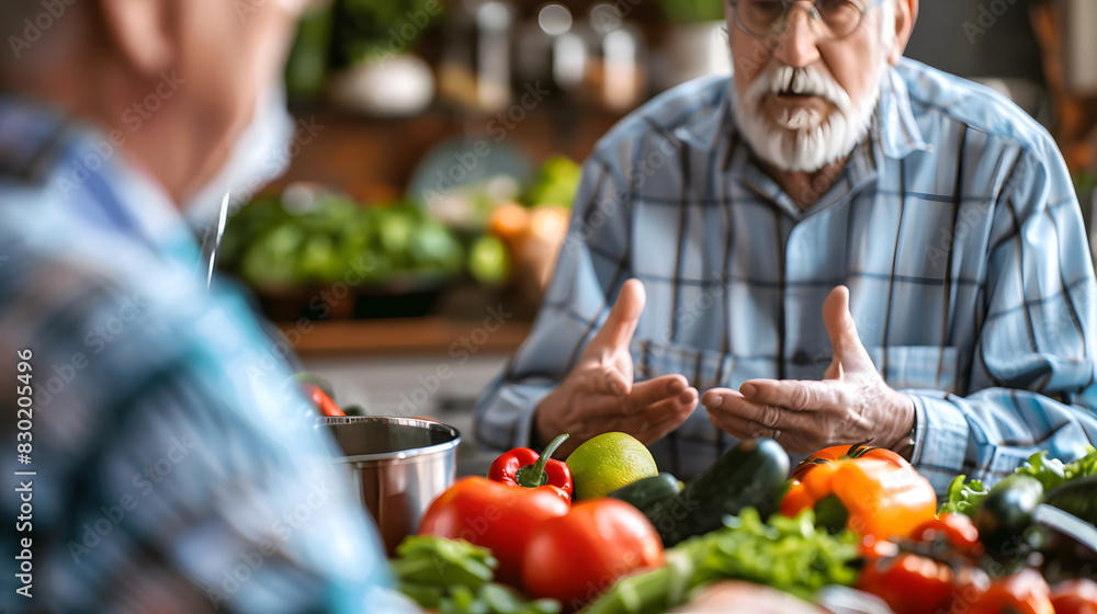 Two senior men discuss healthy dietary options in a kitchen filled with fresh vegetables. The scene emphasizes health, nutrition, and the importance of a balanced diet. Two senior men discuss healthy dietary options in a kitchen filled with fresh vegetables. The scene emphasizes health, nutrition, and the importance of a balanced diet.