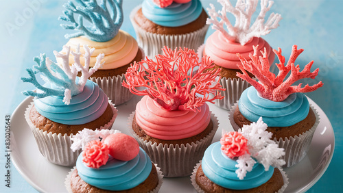 cute culinary decorated cupcakes with sea and coral theme, special occasion, delicatessen catering, high-end pastry