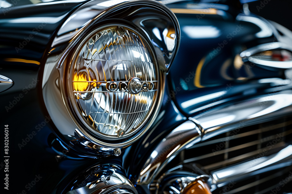 Close up de um farol redondo de um antigo carro azul Close up de um farol redondo de um antigo carro azul