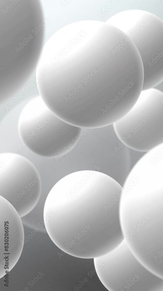 Abstract realistic 3d gray background with white sphere balls flying on air. Loop motion graphic. Vertical video. Abstract realistic 3d gray background with white sphere balls flying on air. Loop motion graphic. Vertical video.