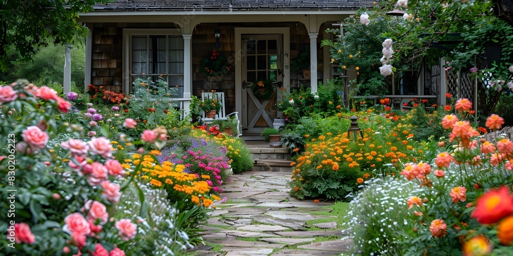 A cozy cottage garden blooming with the colors of spring. Concept Cottage Garden, Spring Blooms, Cozy Atmosphere, Colorful Flowers, Outdoor Photography