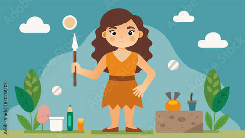 A student dressed as a cavewoman teaching about the tools and survival techniques of early humans.. Vector illustration