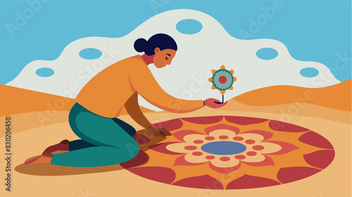 A resident creating a mandala out of sand using this ancient art form to find inner peace and focus on the present moment.. Vector illustration