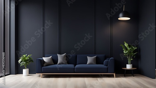 Living room or business lounge in deep dark colors with blue navy and gray furniture, empty wall mockup with black paint and decorative wood, luxury interior design reception room, 3D render