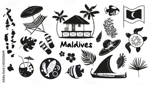 Maldives glyph icons set. Beach resort. Black filled symbols collection. Isolated vector stock illustration