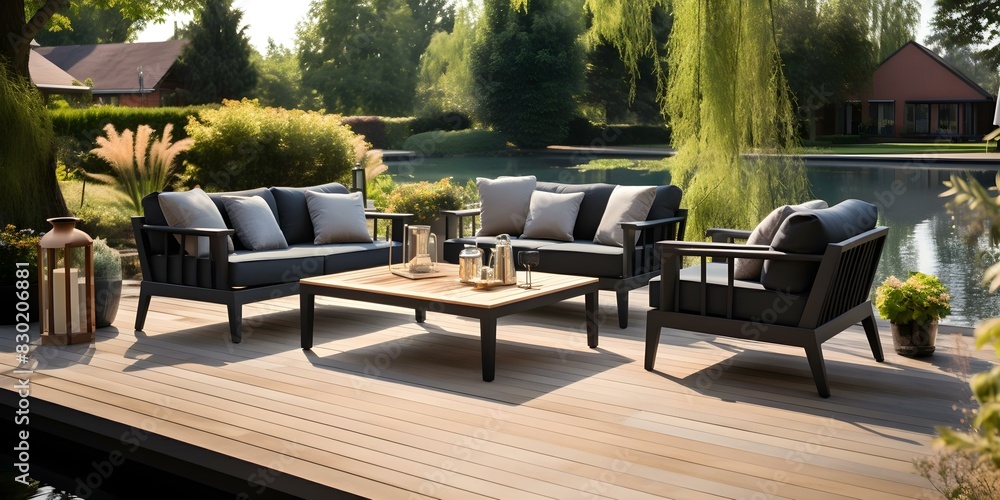 Elegant Outdoor Garden Featuring Teak Deck, Black Pergola, Couches, and Poolside Lounge Chairs. Concept Elegant Garden Design, Teak Deck, Black Pergola, Couches, Poolside Lounge Chairs