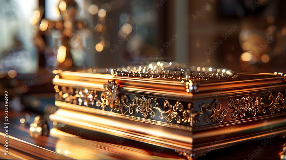 Jewelry Box: Placed on a sleek surface, a jewelry box shines with its elegant design. The intricate details of the box and the shimmering jewelry inside create an inviting atmosphere Jewelry Box: Placed on a sleek surface, a jewelry box shines with its elegant design. The intricate details of the box and the shimmering jewelry inside create an inviting atmosphere