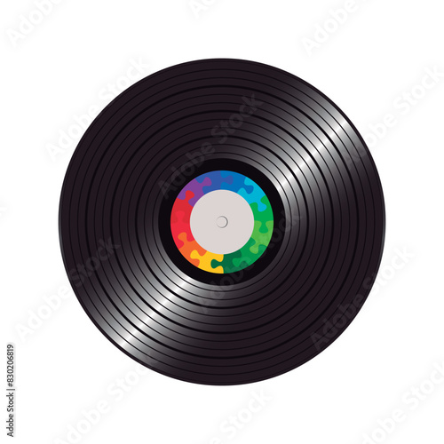 Long play vinyl record with colorful puzzle in the middle. Vector isolated on white background.
