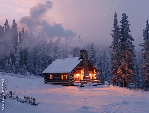 A lone cabin with smoke curling from its chimney, surrounded by a snowy forest. The early morning light casts a soft glow, creating a sense of warmth and solitude. 