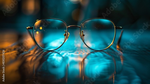Glasses: A pair of glasses placed on a shiny table, elegantly photographed. 