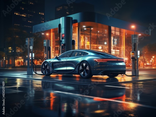 Futuristic electric car 3d illustration. Modern Electric Vehicle with neon lights. Electric Vehicle. Futuristic electric car. Electric cars of the future, 3d illustration.