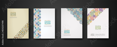 Set islamic cover design template with colorful detail and texture of floral mosaic islamic art ornament.