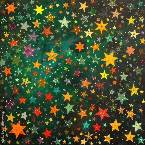 Colorful star confetti on green background.