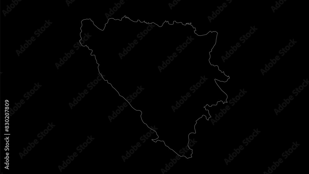 Bosnia And Herzegovina map vector illustration. Drawing with a white line on a black background. Bosnia And Herzegovina map vector illustration. Drawing with a white line on a black background.