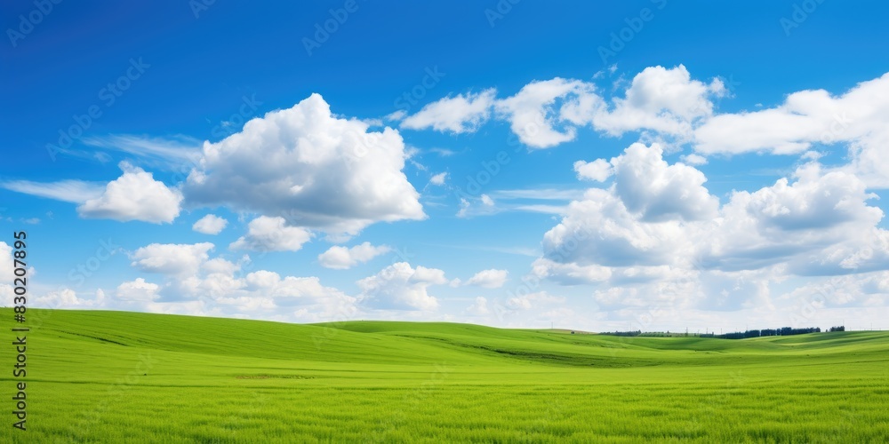 Fototapeta premium Beautiful grassy fields and summer blue sky with fluffy white clouds in the wind background