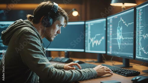 Young male programmer working intently on multiple monitors with stock trading graphs and data in a dimly lit office.