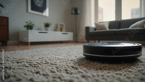 A robotic vacuum cleaner on a carpet in a modern living room, with a sofa, plants, and large windows in the background.