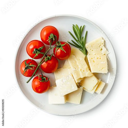 Assorted cheese plate with fresh tomatoes.