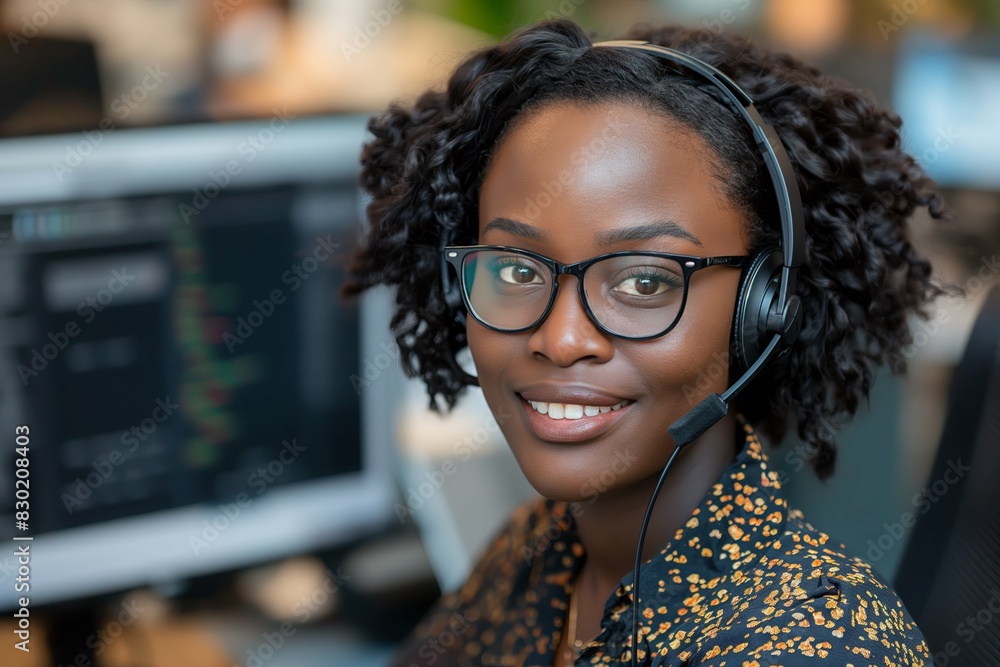 Black female call center worker smiling while wearing headset in front of computer at office Black female call center worker smiling while wearing headset in front of computer at office